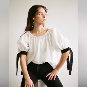 Eliza Faulkner Sally Blouse — White Cotton Puff Sleeve Top with Black Bows